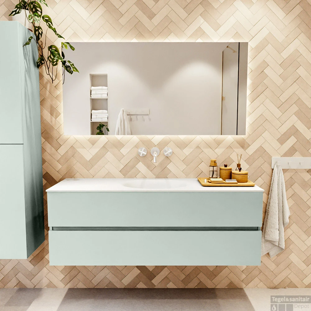 MONDIAZ VICA 140cm Badmeubel Onderkast Greey 2 Lades. Wastafel Moon Midden Zonder Kraangat, Kleur Talc Met Spiegel LED. 5 MONDIAZ VICA 140cm Badmeubel Onderkast Greey 2 Lades. Wastafel Moon Midden Zonder Kraangat, Kleur Talc Met Spiegel LED. - Afbeelding 5