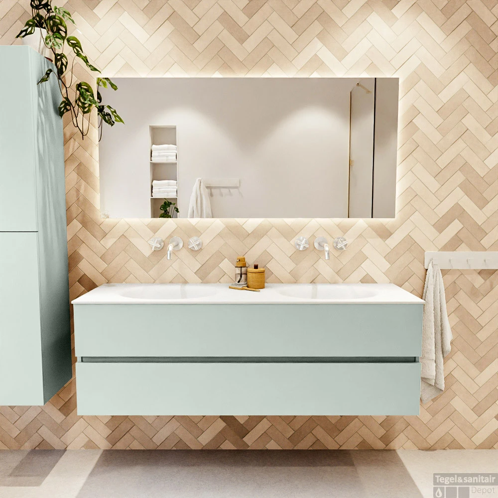 MONDIAZ VICA 150cm Badmeubel Onderkast Greey 2 Lades. Wastafel MOON Dubbel Zonder Kraangat, Kleur Talc. 5 MONDIAZ VICA 150cm Badmeubel Onderkast Greey 2 Lades. Wastafel MOON Dubbel Zonder Kraangat, Kleur Talc. - Afbeelding 5