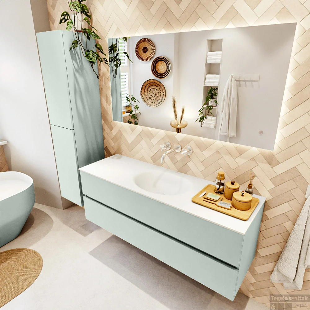 MONDIAZ VICA 140cm Badmeubel Onderkast Greey 2 Lades. Wastafel Moon Midden Zonder Kraangat, Kleur Talc Met Spiegel LED. 3 MONDIAZ VICA 140cm Badmeubel Onderkast Greey 2 Lades. Wastafel Moon Midden Zonder Kraangat, Kleur Talc Met Spiegel LED. - Afbeelding 3