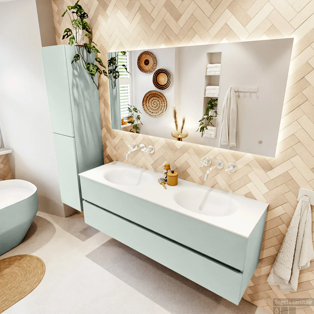 MONDIAZ VICA 150cm Badmeubel Onderkast Greey 2 Lades. Wastafel MOON Dubbel Zonder Kraangat, Kleur Talc. 3 MONDIAZ VICA 150cm Badmeubel Onderkast Greey 2 Lades. Wastafel MOON Dubbel Zonder Kraangat, Kleur Talc. - Afbeelding 3