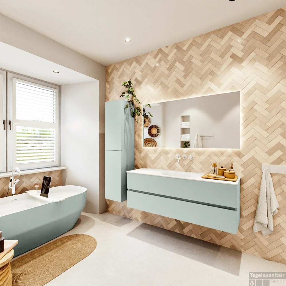 MONDIAZ VICA 140cm Badmeubel Onderkast Greey 2 Lades. Wastafel Moon Midden Zonder Kraangat, Kleur Talc Met Spiegel LED. 7 MONDIAZ VICA 140cm Badmeubel Onderkast Greey 2 Lades. Wastafel Moon Midden Zonder Kraangat, Kleur Talc Met Spiegel LED. - Afbeelding 7