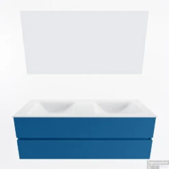 MONDIAZ VICA 140cm Badmeubel Onderkast Jeans 2 Lades. Wastafel CLOUD Dubbel 2 Kraangaten, Kleur Talc Met Spiegel LED. -Duravit Verkoop badkamermeubel vica jeans cloud talc google11 0041