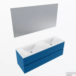 MONDIAZ VICA 140cm Badmeubel Onderkast Jeans 2 Lades. Wastafel CLOUD Dubbel 2 Kraangaten, Kleur Talc Met Spiegel LED.