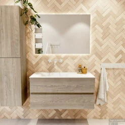 MONDIAZ VICA 100cm Badmeubel Onderkast Light Brown Grey 2 Lades. Wastafel CLOUD Links Zonder Kraangat, Kleur Talc. -Duravit Verkoop badkamermeubel vica light brown grey cloud talc set1 0014