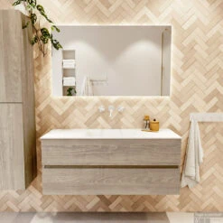 MONDIAZ VICA 120cm Badmeubel Onderkast Light Brown Grey 2 Lades. Wastafel CLOUD Midden Zonder Kraangat, Kleur Talc Met Spiegel LED. -Duravit Verkoop badkamermeubel vica light brown grey cloud talc set1 0026
