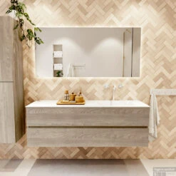 MONDIAZ VICA 150cm Badmeubel Onderkast Light Brown Grey 2 Lades. Wastafel CLOUD Rechts 1 Kraangat, Kleur Talc Met Spiegel LED. -Duravit Verkoop badkamermeubel vica light brown grey cloud talc set1 0048