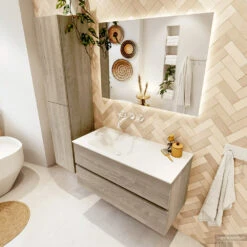 MONDIAZ VICA 100cm Badmeubel Onderkast Light Brown Grey 2 Lades. Wastafel CLOUD Links Zonder Kraangat, Kleur Talc. -Duravit Verkoop badkamermeubel vica light brown grey cloud talc set2 0014