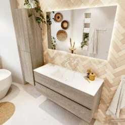 MONDIAZ VICA 120cm Badmeubel Onderkast Light Brown Grey 2 Lades. Wastafel CLOUD Midden Zonder Kraangat, Kleur Talc Met Spiegel LED. -Duravit Verkoop badkamermeubel vica light brown grey cloud talc set2 0026