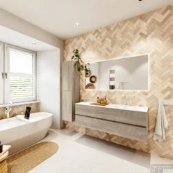 MONDIAZ VICA 150cm Badmeubel Onderkast Light Brown Grey 2 Lades. Wastafel CLOUD Rechts 1 Kraangat, Kleur Talc Met Spiegel LED. -Duravit Verkoop badkamermeubel vica light brown grey cloud talc set4 0048