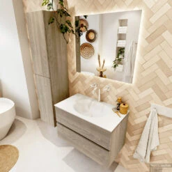 MONDIAZ VICA 80cm Badmeubel Onderkast Light Brown Grey 2 Lades. Wastafel Moon Midden 1 Kraangat, Kleur Talc Met Spiegel LED. -Duravit Verkoop badkamermeubel vica light brown grey moon talc set2 0006