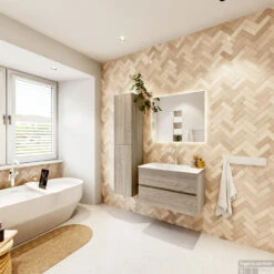 MONDIAZ VICA 80cm Badmeubel Onderkast Light Brown Grey 2 Lades. Wastafel Moon Midden 1 Kraangat, Kleur Talc Met Spiegel LED. -Duravit Verkoop badkamermeubel vica light brown grey moon talc set4 0006