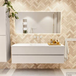 MONDIAZ VICA 150cm Badmeubel Onderkast Linen 2 Lades. Wastafel CLOUD Midden Zonder Kraangat, Kleur Talc. -Duravit Verkoop badkamermeubel vica linen cloud talc set1 0050