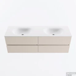 MONDIAZ VICA 150cm Badmeubel Onderkast Linen 4 Lades. Wastafel MOON Dubbel 2 Kraangaten, Kleur Talc.