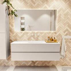 MONDIAZ VICA 140cm Badmeubel Onderkast Linen 2 Lades. Wastafel Moon Midden Zonder Kraangat, Kleur Talc Met Spiegel LED. -Duravit Verkoop badkamermeubel vica linen moon talc set1 0042