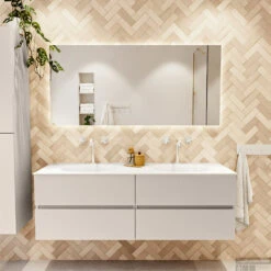 MONDIAZ VICA 150cm Badmeubel Onderkast Linen 4 Lades. Wastafel MOON Dubbel 2 Kraangaten, Kleur Talc. -Duravit Verkoop badkamermeubel vica linen moon talc set1 0074