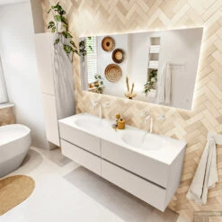 MONDIAZ VICA 150cm Badmeubel Onderkast Linen 4 Lades. Wastafel MOON Dubbel 2 Kraangaten, Kleur Talc. -Duravit Verkoop badkamermeubel vica linen moon talc set2 0074