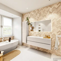 MONDIAZ VICA 140cm Badmeubel Onderkast Linen 2 Lades. Wastafel Moon Midden Zonder Kraangat, Kleur Talc Met Spiegel LED. -Duravit Verkoop badkamermeubel vica linen moon talc set4 0042