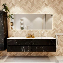 MONDIAZ VICA 190cm Badmeubel Onderkast Marquina 4 Lades. Wastafel CLOUD Rechts 1 Kraangat, Kleur Talc Met Spiegel LED. -Duravit Verkoop badkamermeubel vica marquina cloud talc set1 0097