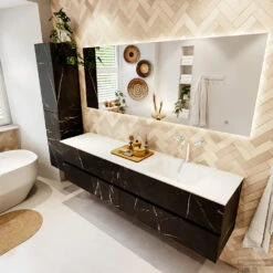 MONDIAZ VICA 190cm Badmeubel Onderkast Marquina 4 Lades. Wastafel CLOUD Rechts 1 Kraangat, Kleur Talc Met Spiegel LED. -Duravit Verkoop badkamermeubel vica marquina cloud talc set2 0097