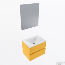 MONDIAZ VICA 60cm Badmeubel Onderkast Ocher 2 Lades. Wastafel CLOUD Midden Zonder Kraangat, Kleur Talc Met Spiegel LED.