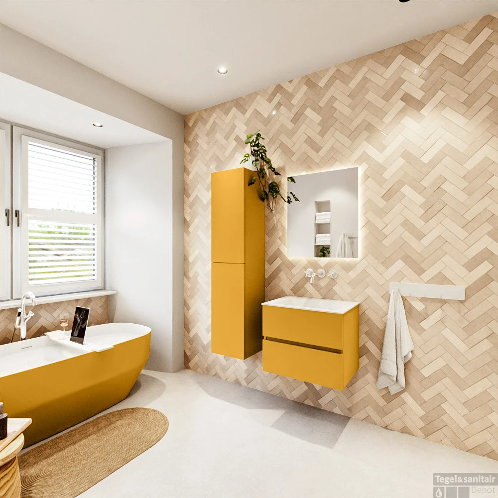 MONDIAZ VICA 60cm Badmeubel Onderkast Ocher 2 Lades. Wastafel CLOUD Midden Zonder Kraangat, Kleur Talc Met Spiegel LED. 7 MONDIAZ VICA 60cm Badmeubel Onderkast Ocher 2 Lades. Wastafel CLOUD Midden Zonder Kraangat, Kleur Talc Met Spiegel LED. - Afbeelding 7