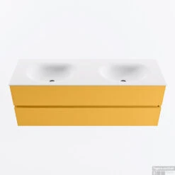 MONDIAZ VICA 140cm Badmeubel Onderkast Ocher 2 Lades. Wastafel MOON Dubbel 2 Kraangaten, Kleur Talc.