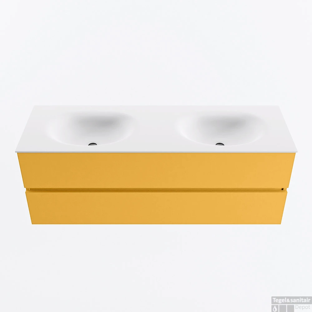 MONDIAZ VICA 140cm Badmeubel Onderkast Ocher 2 Lades. Wastafel MOON Dubbel 2 Kraangaten, Kleur Talc. 1 MONDIAZ VICA 140cm Badmeubel Onderkast Ocher 2 Lades. Wastafel MOON Dubbel 2 Kraangaten, Kleur Talc.