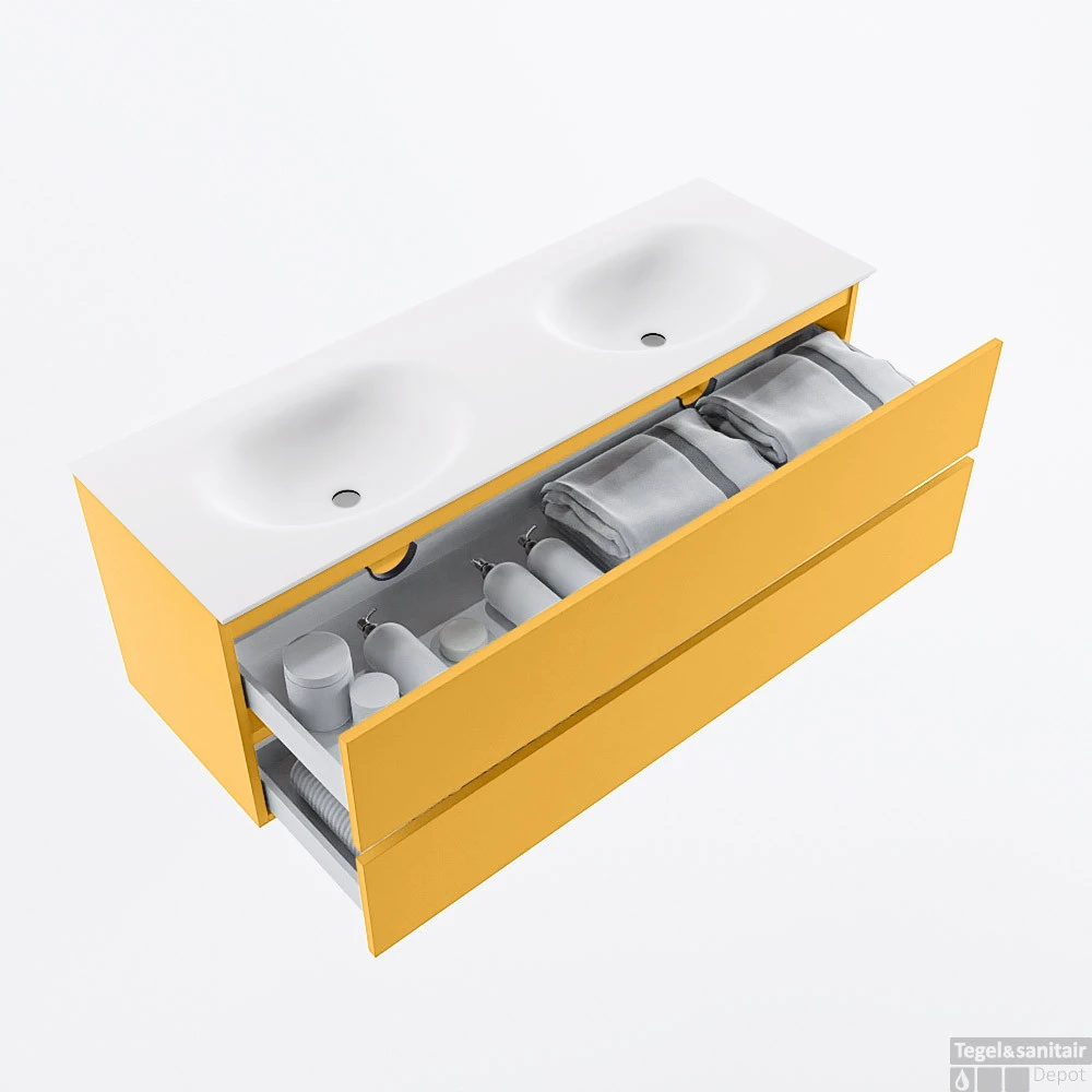 MONDIAZ VICA 140cm Badmeubel Onderkast Ocher 2 Lades. Wastafel MOON Dubbel 2 Kraangaten, Kleur Talc. 2 MONDIAZ VICA 140cm Badmeubel Onderkast Ocher 2 Lades. Wastafel MOON Dubbel 2 Kraangaten, Kleur Talc. - Afbeelding 2