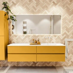 MONDIAZ VICA 180cm Badmeubel Onderkast Ocher 4 Lades. Wastafel Moon Rechts Zonder Kraangat, Kleur Talc Met Spiegel LED. -Duravit Verkoop badkamermeubel vica ocher moon talc set1 0094