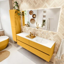 MONDIAZ VICA 160cm Badmeubel Onderkast Ocher 4 Lades. Wastafel MOON Rechts Zonder Kraangat, Kleur Talc. -Duravit Verkoop badkamermeubel vica ocher moon talc set2 0082