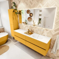 MONDIAZ VICA 180cm Badmeubel Onderkast Ocher 4 Lades. Wastafel Moon Rechts Zonder Kraangat, Kleur Talc Met Spiegel LED. -Duravit Verkoop badkamermeubel vica ocher moon talc set2 0094