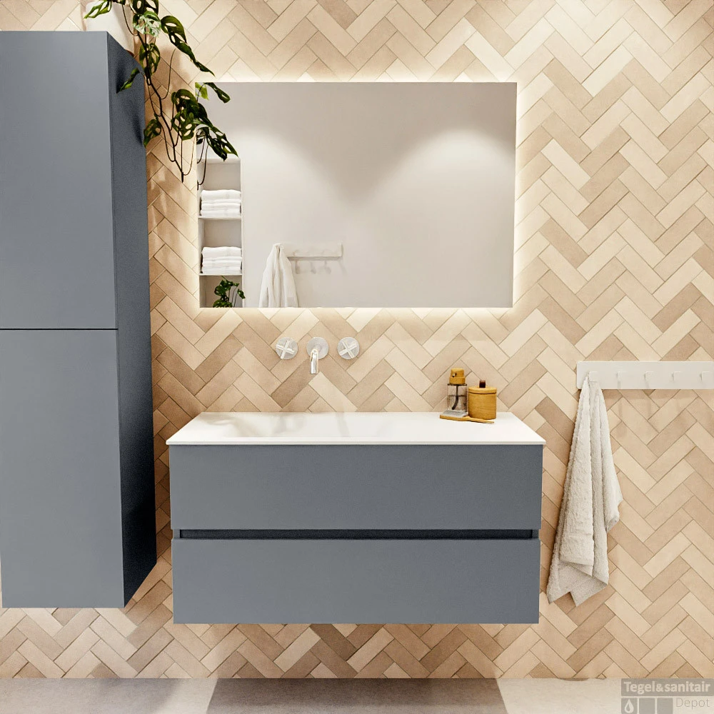 MONDIAZ VICA 100cm Badmeubel Onderkast Plata 2 Lades. Wastafel CLOUD Links Zonder Kraangat, Kleur Talc Met Spiegel LED. 5 MONDIAZ VICA 100cm Badmeubel Onderkast Plata 2 Lades. Wastafel CLOUD Links Zonder Kraangat, Kleur Talc Met Spiegel LED. - Afbeelding 5