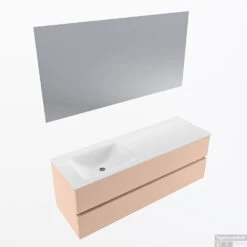 MONDIAZ VICA 140cm Badmeubel Onderkast Rosee 2 Lades. Wastafel CLOUD Links 1 Kraangat, Kleur Talc Met Spiegel LED.