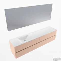 MONDIAZ VICA 200cm Badmeubel Onderkast Rosee 4 Lades. Wastafel CLOUD Links Zonder Kraangat, Kleur Talc Met Spiegel LED.