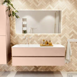 MONDIAZ VICA 140cm Badmeubel Onderkast Rosee 2 Lades. Wastafel CLOUD Links 1 Kraangat, Kleur Talc Met Spiegel LED. -Duravit Verkoop badkamermeubel vica rosee cloud talc set1 0039