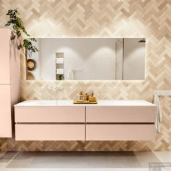 MONDIAZ VICA 200cm Badmeubel Onderkast Rosee 4 Lades. Wastafel CLOUD Links Zonder Kraangat, Kleur Talc Met Spiegel LED. -Duravit Verkoop badkamermeubel vica rosee cloud talc set1 0105