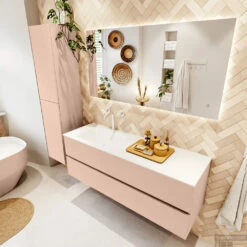 MONDIAZ VICA 140cm Badmeubel Onderkast Rosee 2 Lades. Wastafel CLOUD Links 1 Kraangat, Kleur Talc Met Spiegel LED. -Duravit Verkoop badkamermeubel vica rosee cloud talc set2 0039