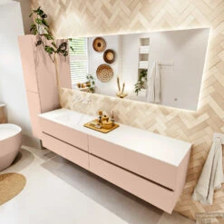 MONDIAZ VICA 200cm Badmeubel Onderkast Rosee 4 Lades. Wastafel CLOUD Links Zonder Kraangat, Kleur Talc Met Spiegel LED. -Duravit Verkoop badkamermeubel vica rosee cloud talc set2 0105