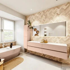 MONDIAZ VICA 200cm Badmeubel Onderkast Rosee 4 Lades. Wastafel CLOUD Links Zonder Kraangat, Kleur Talc Met Spiegel LED. -Duravit Verkoop badkamermeubel vica rosee cloud talc set4 0105