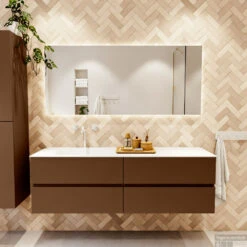 MONDIAZ VICA 160cm Badmeubel Onderkast Rust 4 Lades. Wastafel CLOUD Links 1 Kraangat, Kleur Talc Met Spiegel LED. -Duravit Verkoop badkamermeubel vica rust cloud talc set1 0078