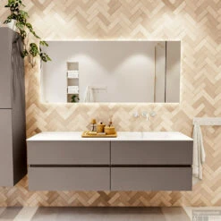 MONDIAZ VICA 160cm Badmeubel Onderkast Smoke 4 Lades. Wastafel CLOUD Rechts Zonder Kraangat, Kleur Talc. -Duravit Verkoop badkamermeubel vica smoke cloud talc set1 0082