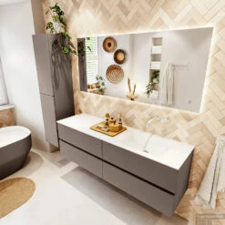 MONDIAZ VICA 160cm Badmeubel Onderkast Smoke 4 Lades. Wastafel CLOUD Rechts Zonder Kraangat, Kleur Talc. -Duravit Verkoop badkamermeubel vica smoke cloud talc set2 0082