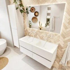 MONDIAZ VICA 120cm Badmeubel Onderkast Talc 4 Lades. Wastafel CLOUD Dubbel Zonder Kraangat, Kleur Talc. -Duravit Verkoop badkamermeubel vica talc cloud talc set2 0059