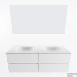MONDIAZ VICA 140cm Badmeubel Onderkast Talc 4 Lades. Wastafel Moon Dubbel 2 Kraangaten, Kleur Talc Met Spiegel LED. -Duravit Verkoop badkamermeubel vica talc moon talc google11 0068