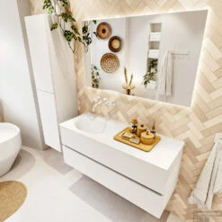 MONDIAZ VICA 120cm Badmeubel Onderkast Talc 2 Lades. Wastafel Moon Links Zonder Kraangat, Kleur Talc Met Spiegel LED. -Duravit Verkoop badkamermeubel vica talc moon talc set2 0027