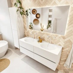 MONDIAZ VICA 140cm Badmeubel Onderkast Talc 4 Lades. Wastafel Moon Dubbel 2 Kraangaten, Kleur Talc Met Spiegel LED. -Duravit Verkoop badkamermeubel vica talc moon talc set2 0068