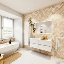 MONDIAZ VICA 120cm Badmeubel Onderkast Talc 4 Lades. Wastafel Moon Links Zonder Kraangat, Kleur Talc Met Spiegel LED. -Duravit Verkoop badkamermeubel vica talc moon talc set4 0057