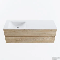 MONDIAZ VICA 140cm Badmeubel Onderkast Washed Oak 2 Lades. Wastafel CLOUD Links 1 Kraangat, Kleur Talc.