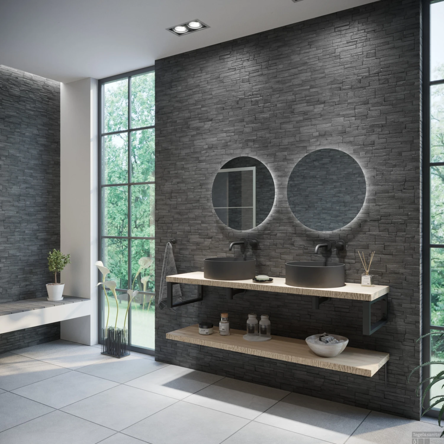 Badkamermeubelset BWS Eiken Massief Hout Bovenblad Met Boomschors 180 Cm Olie Natuur - Afbeelding 2