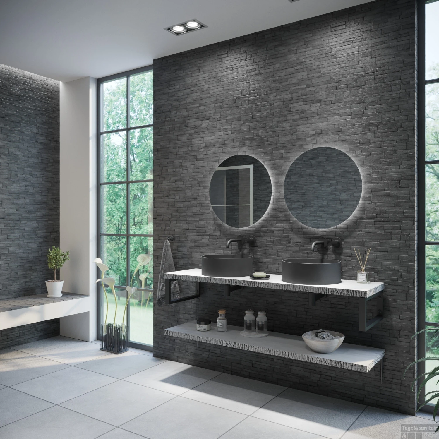 Badkamermeubelset BWS Eiken Massief Hout Bovenblad Met Boomschors 180 Cm Wit - Afbeelding 2